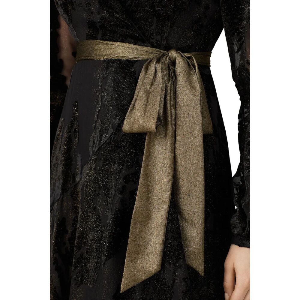 Hutch Black Burnout Velvet Wrap Maxi Dress Metallic Sash Hi-Low Hem Size M - Picture 9 of 12